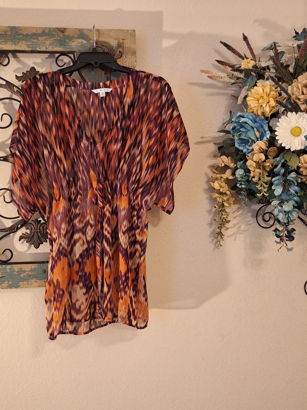 CAbi Multicolor Orange & Purple Patterned Swim Coverup. Size XS